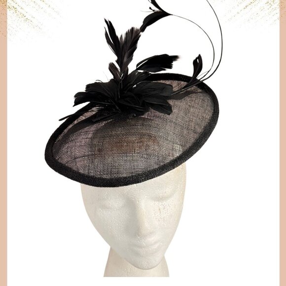 Sinamay Black Fascinator with Feathers Wedding , Elegant Party, Ballroom Costume - Picture 4 of 4